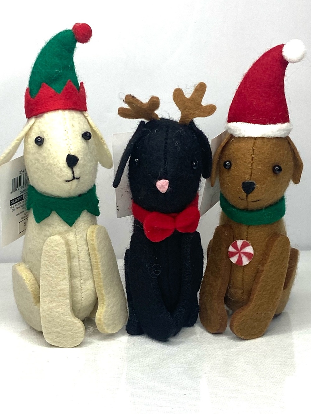Set of 3 Festive Felt Dog Plushies - Cream, Black, Brown 5”-6”